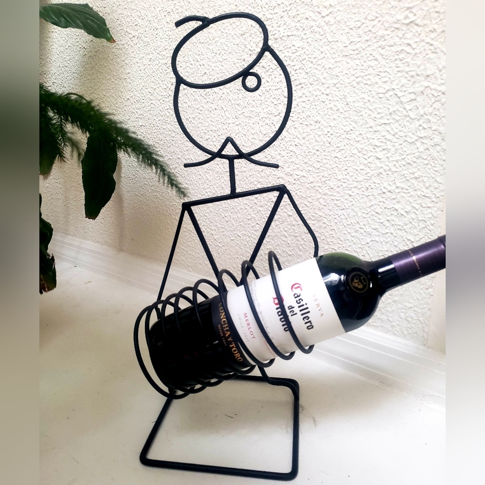 Vtg Sculptural Metal French Man Wine Bottle Holder